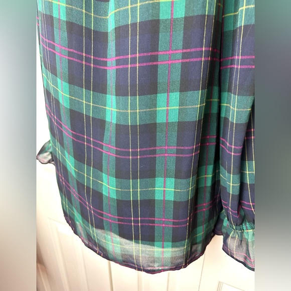 TALBOTS Petite Plaid Popover Blouse Top Shirt Tartan Flowy Green Black Pink - Picture 7 of 14